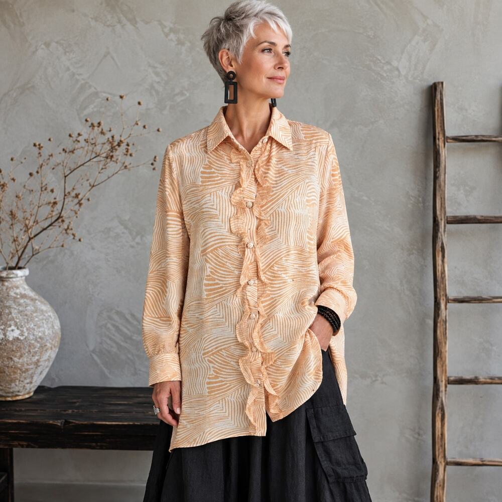 Chico's Orange White Ruffle Front Button Up Long Sleeve Top Blouse 1
